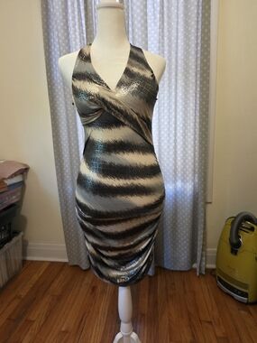 Y2K Style Metallic Striped Bodycon Dress - Silver Gray Black Cream